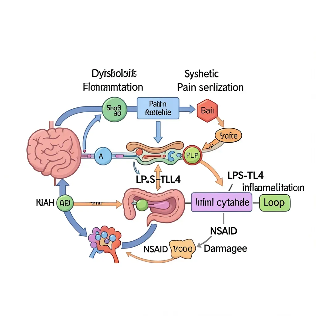 Animated explanation of the pathway from gut dysbiosis to systemic inflammation to pain sensitization. Show the LPS-TLR4-inflammatory cytokine cascade visually. Include the NSAID damage loop. Make the abstract mechanism concrete with a simple diagram.