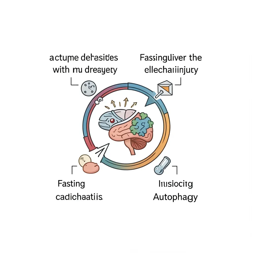 Explain the autophagy mechanism in plain language — what cellular debris is, why it accumulates with injury, how fasting activates the cleanup process. Use a simple visual metaphor. Clarify the 14-16 hour fasting threshold beyond which autophagy is meaningfully activated versus shorter fasting periods.