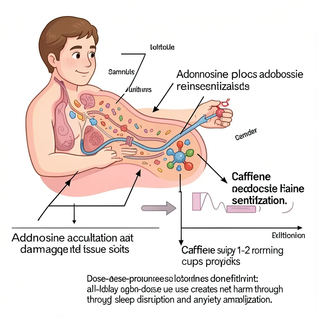 Animated explanation of adenosine accumulation at damaged tissue sites and how caffeine blocks adenosine receptors to reduce pain sensitization. Show the dose-response relationship: why 1-2 morning cups provides benefit while all-day high-dose use creates net harm through sleep disruption and anxiety amplification.