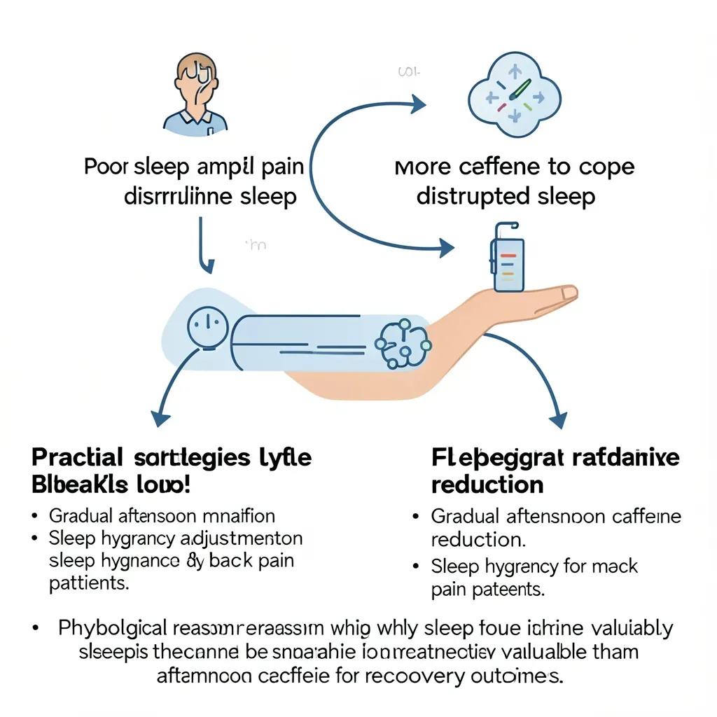 Explain the feedback loop: poor sleep → amplified pain → more caffeine to cope → disrupted sleep. Show practical strategies for breaking the cycle: gradual afternoon caffeine reduction, sleep hygiene adjustments for back pain patients, and the physiological reason why sleep is more valuable than afternoon caffeine for recovery outcomes.