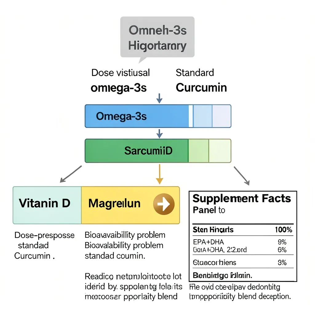 Walk through the evidence hierarchy for omega-3s, vitamin D, magnesium, and curcumin using a simple visual rating system. Emphasize the dose-response issue with omega-3s and the bioavailability problem with standard curcumin. Include a brief segment on reading a supplement facts panel to identify EPA+DHA content and recognize proprietary blend deception.