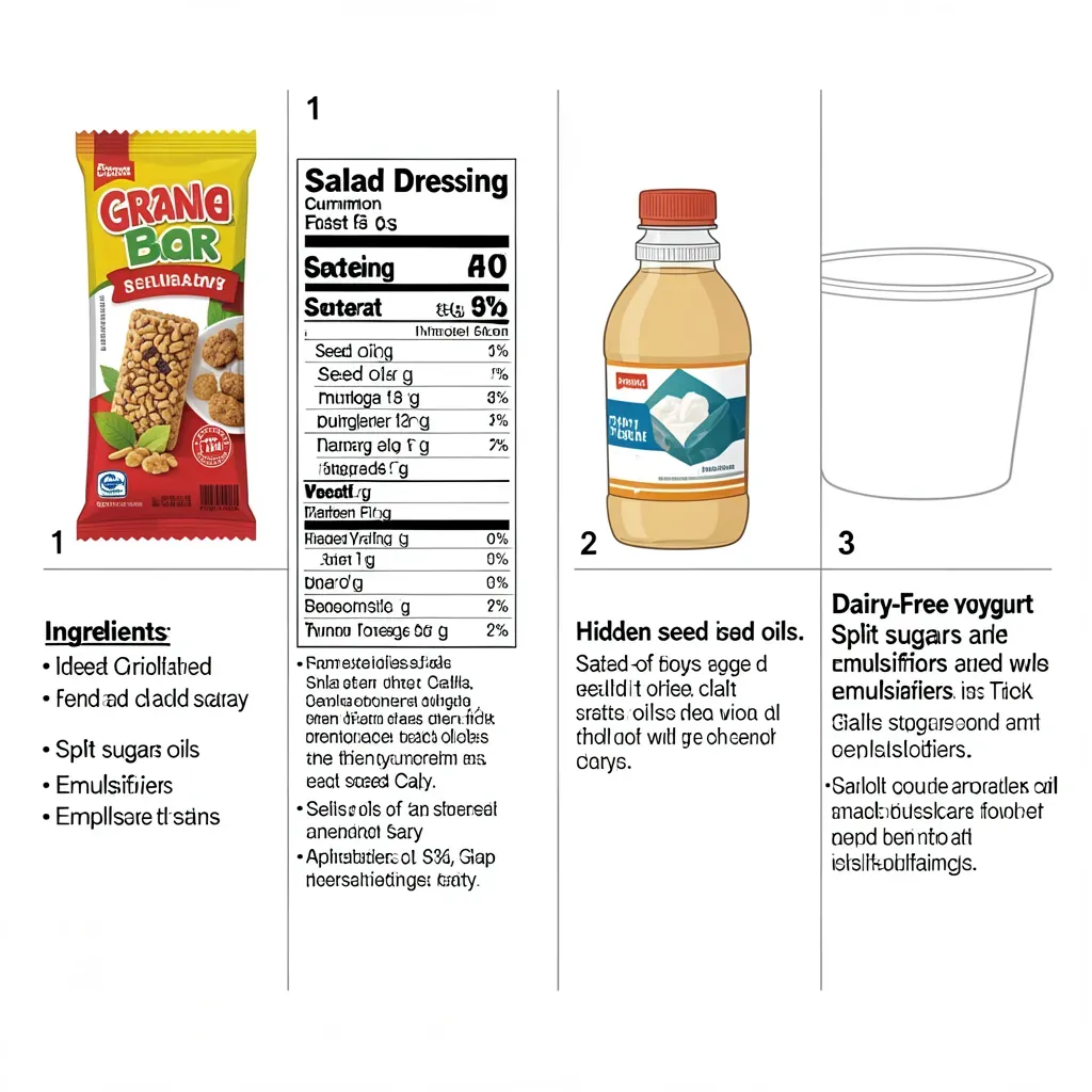Show a side-by-side comparison of a package front and its ingredient list for three common products: a granola bar marketed as healthy, a salad dressing, and a dairy-free yogurt. Walk through identifying seed oils, split sugars, emulsifiers, and the gap between front-of-pack claims and ingredient reality. Keep the tone pragmatic and non-judgmental — the goal is skill-building, not shame.