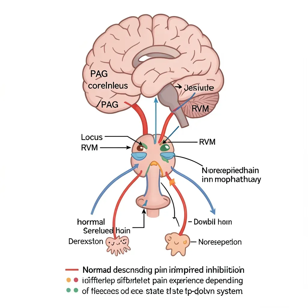 Animate the descending pain modulation pathway: show the brainstem structures (PAG, locus coeruleus, RVM) projecting down to the dorsal horn, with serotonin and norepinephrine as the key modulators. Illustrate the difference between normal descending inhibition and impaired inhibition in depression — the same peripheral pain signal produces different pain experience depending on the state of the top-down system. Keep the visuals clean and the explanation accessible to a non-specialist audience.