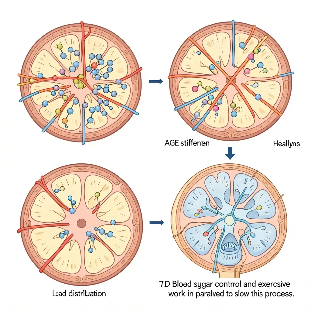 Animate the glycation process: show glucose molecules binding to disc matrix proteins (collagen and proteoglycans), forming cross-links that stiffen and dehydrate the disc over time. Compare a healthy disc's load distribution with an AGE-stiffened disc's stress concentration pattern. Close with a brief illustration of how blood sugar control and exercise work in parallel to slow this process.